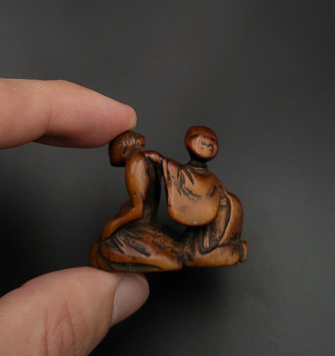 Netsuke - Blind Masseur And Sumo Wrestler - Wood - Edo Period-photo-2