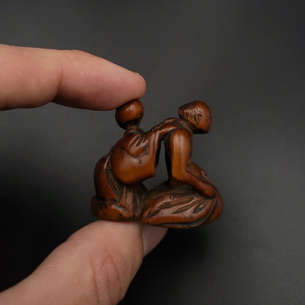 Netsuke - Blind Masseur And Sumo Wrestler - Wood - Edo Period-photo-1