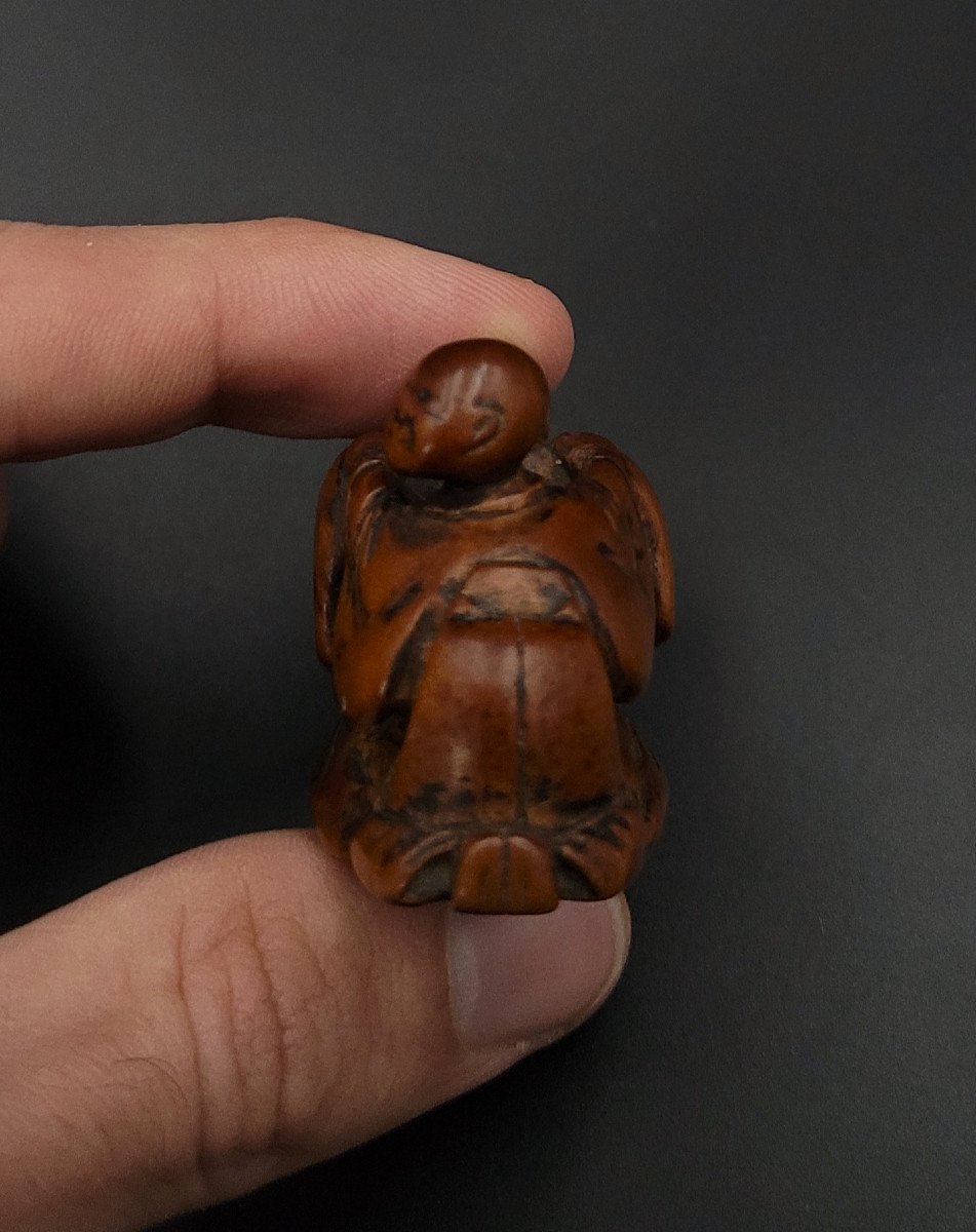 Netsuke - Blind Masseur And Sumo Wrestler - Wood - Edo Period-photo-2