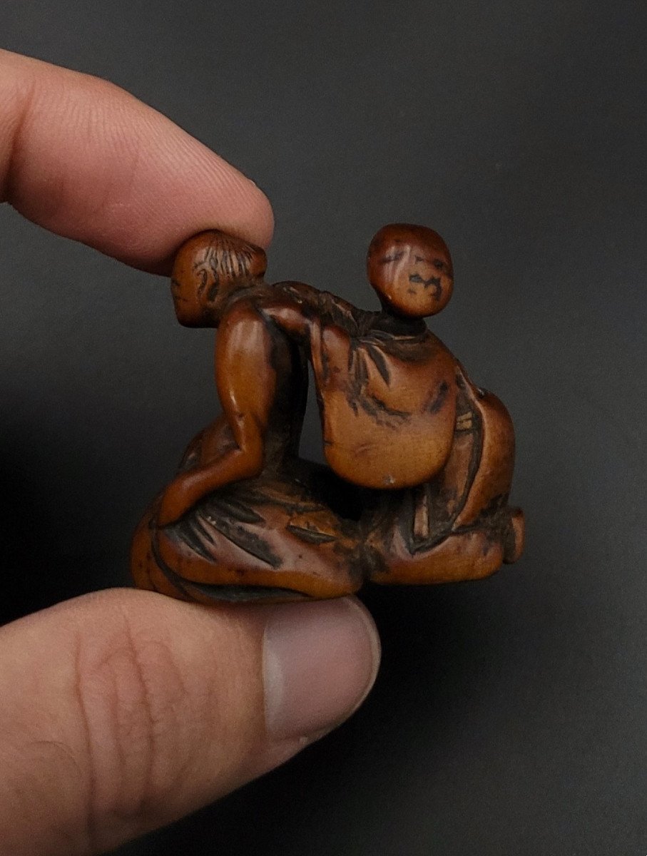 Netsuke - Blind Masseur And Sumo Wrestler - Wood - Edo Period