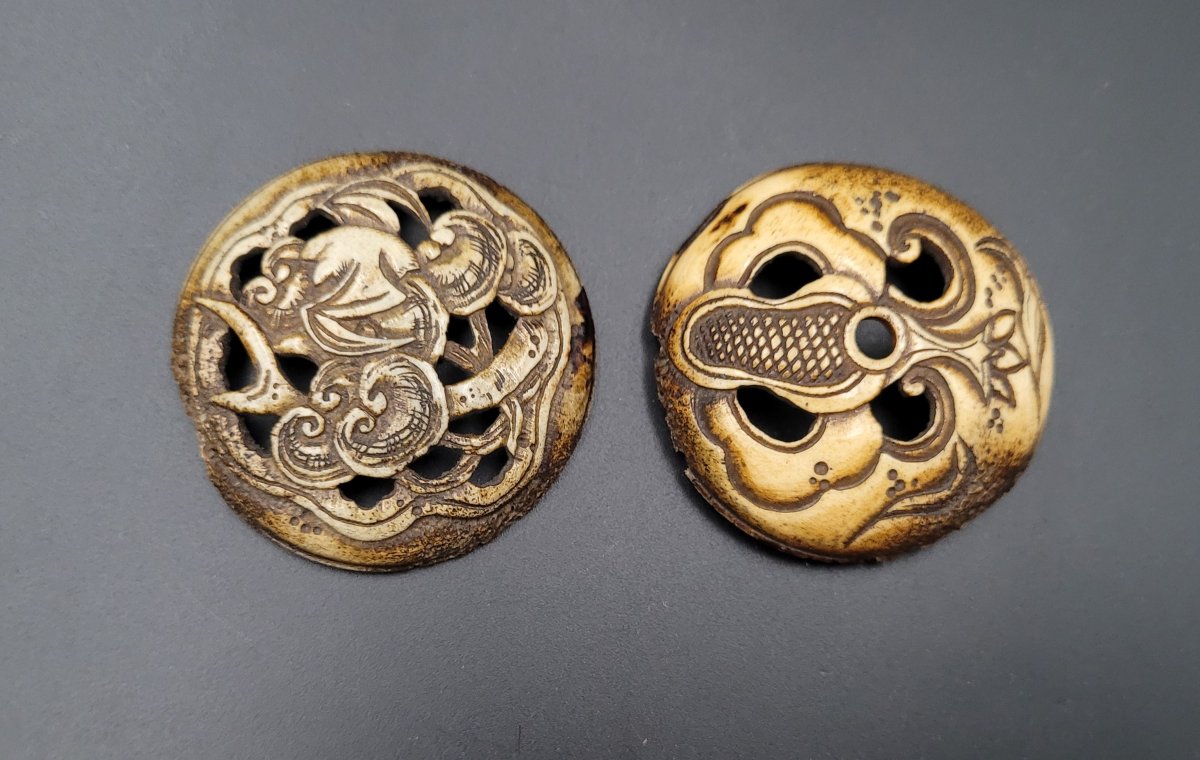 Netsuke Ryusa Manju - Bat And Reishi Mushroom - Deer Antler - 19th Century - Japan-photo-3