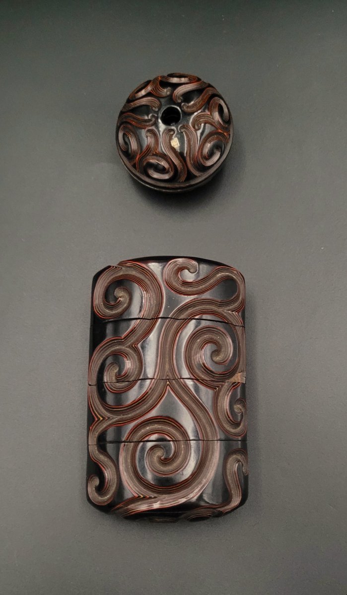 Inro et Manju netsuke - Motif de karakusa - Laque guri - Epoque Edo (1603-1868)-photo-2