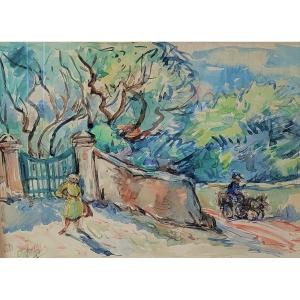 Paquereau Paul (1871-1950) - La Charrette Près Du Portail - Aquarelle Et Mine De Plomb