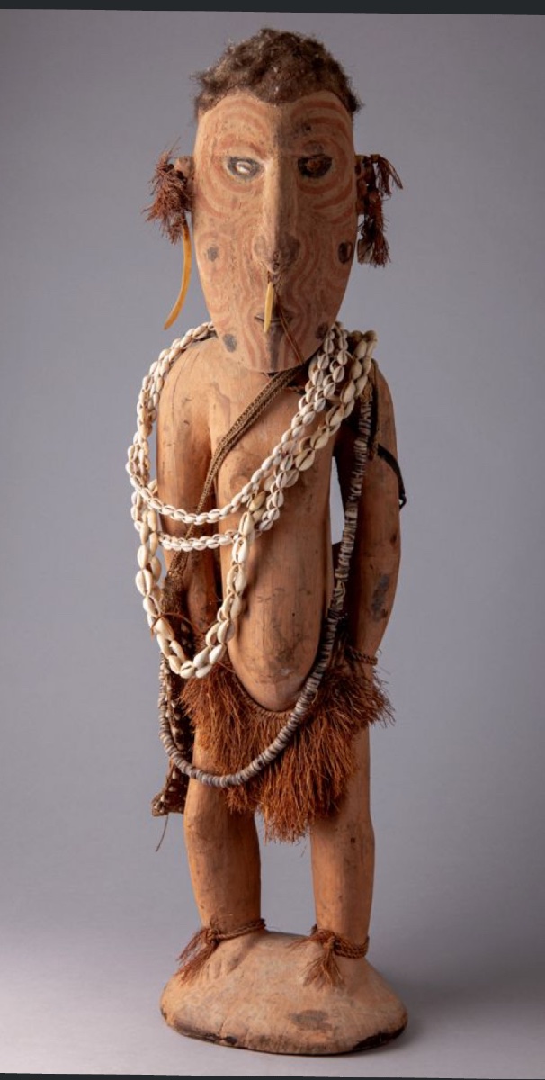 Rare figure ancestrale féminine (Wan/Waken) & bilum traditionnel, Sawos Mid Sépik, Papouasie NG-photo-2
