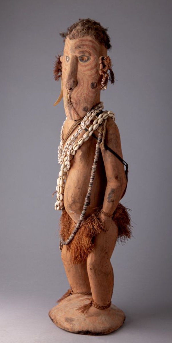 Rare figure ancestrale féminine (Wan/Waken) & bilum traditionnel, Sawos Mid Sépik, Papouasie NG-photo-3