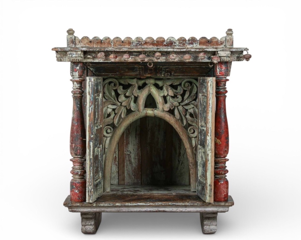 Large Polychrome Wooden Haveli Mandir, Probably Kutch, Gujarat (western India) 19th Century-photo-2