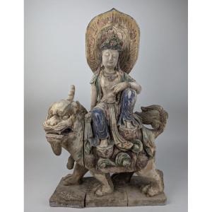 Polychrome Wooden Religious Sculpture Of Guanyin Seated On A Qilin, China, 1880–1930