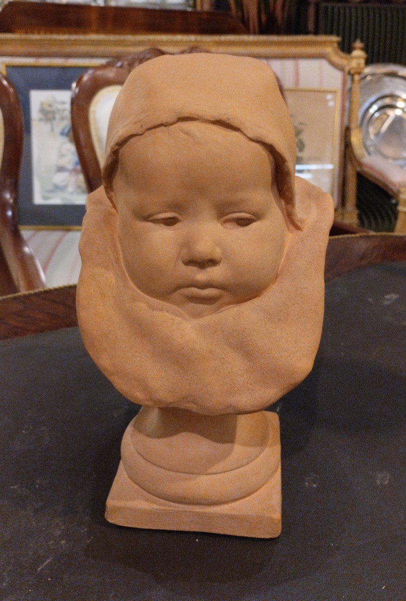 The Child With The Collerette - Terracotta - J. Carriès - C. 1900.