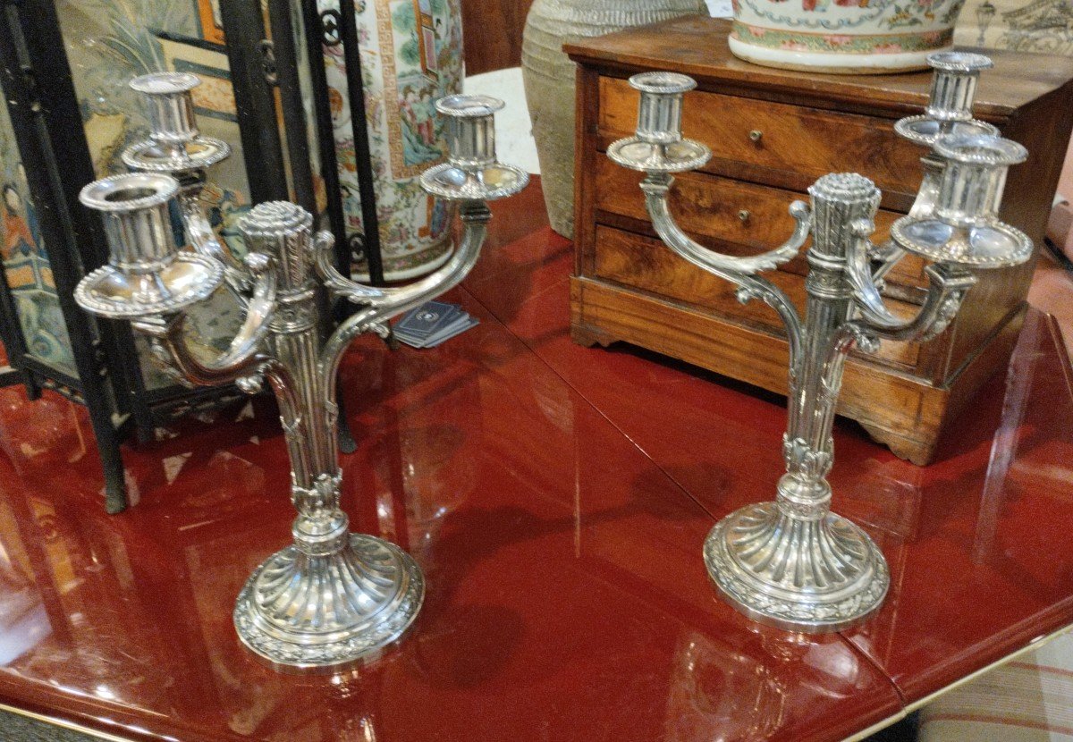 Pair Of Candelabra - Louis XVI - Silvered Bronze - Victor Saglier - C. 1900.