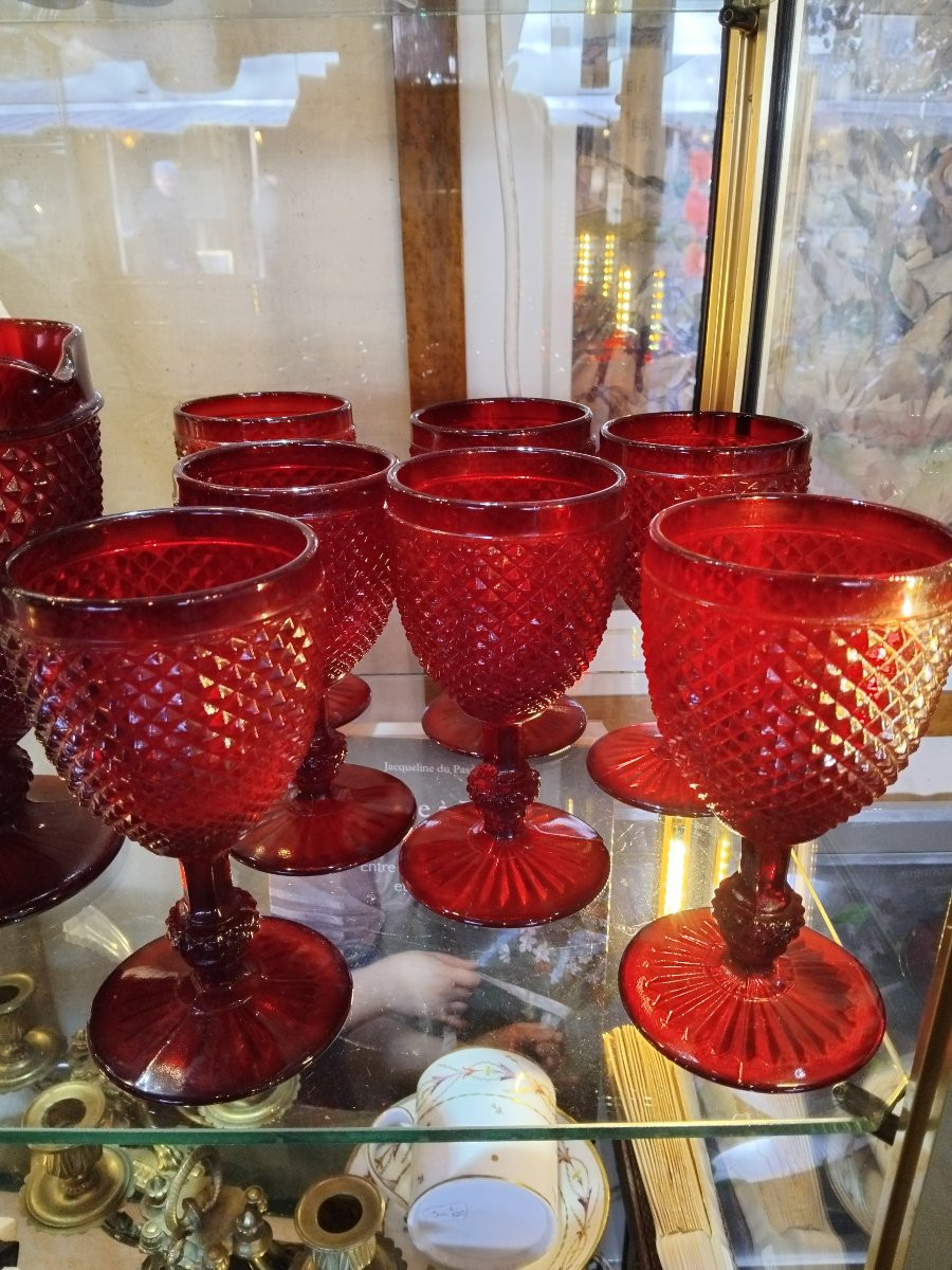 Suite de six verres et pichet- Cristal - Rouge rubis - v. 1970.-photo-2