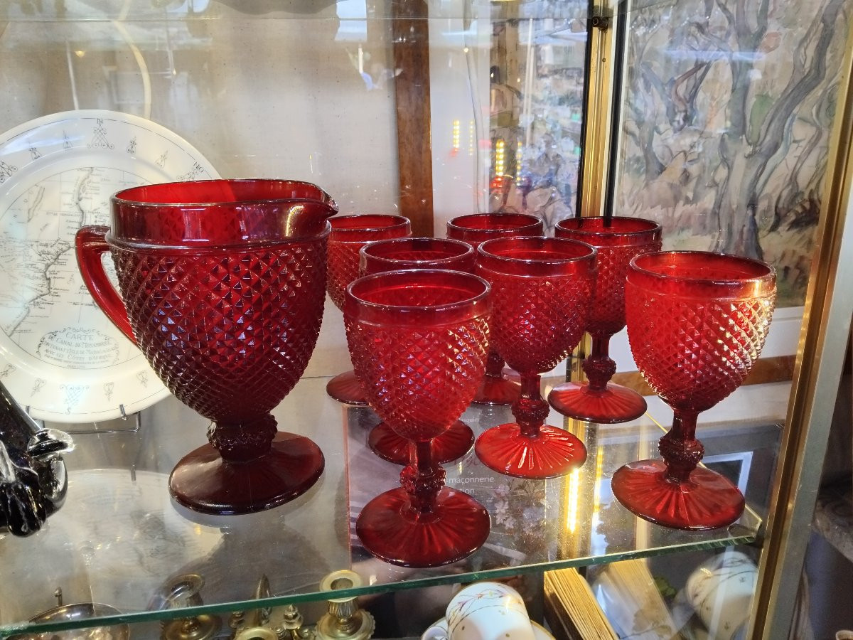 Suite de six verres et pichet- Cristal - Rouge rubis - v. 1970.-photo-3