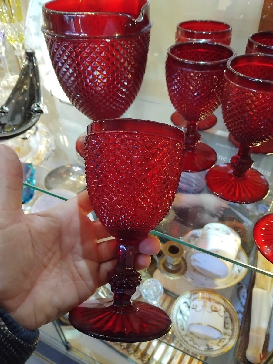 Suite de six verres et pichet- Cristal - Rouge rubis - v. 1970.-photo-4