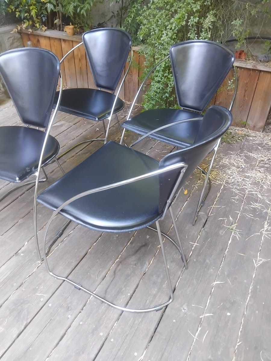 Suite Of Four Chairs - Chromed Metal And Leather - Model Linda - Arrben - Italy - Circa 1980.-photo-2
