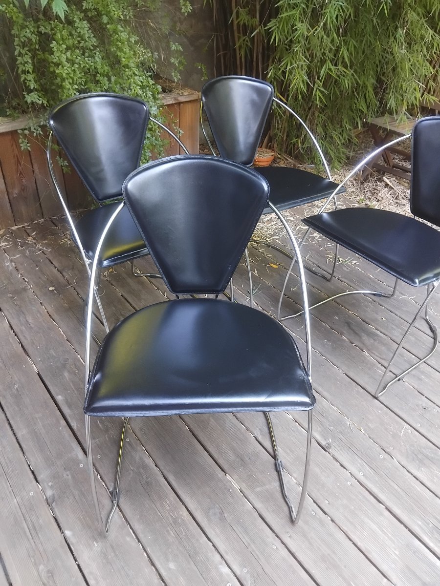 Suite Of Four Chairs - Chromed Metal And Leather - Model Linda - Arrben - Italy - Circa 1980.-photo-4