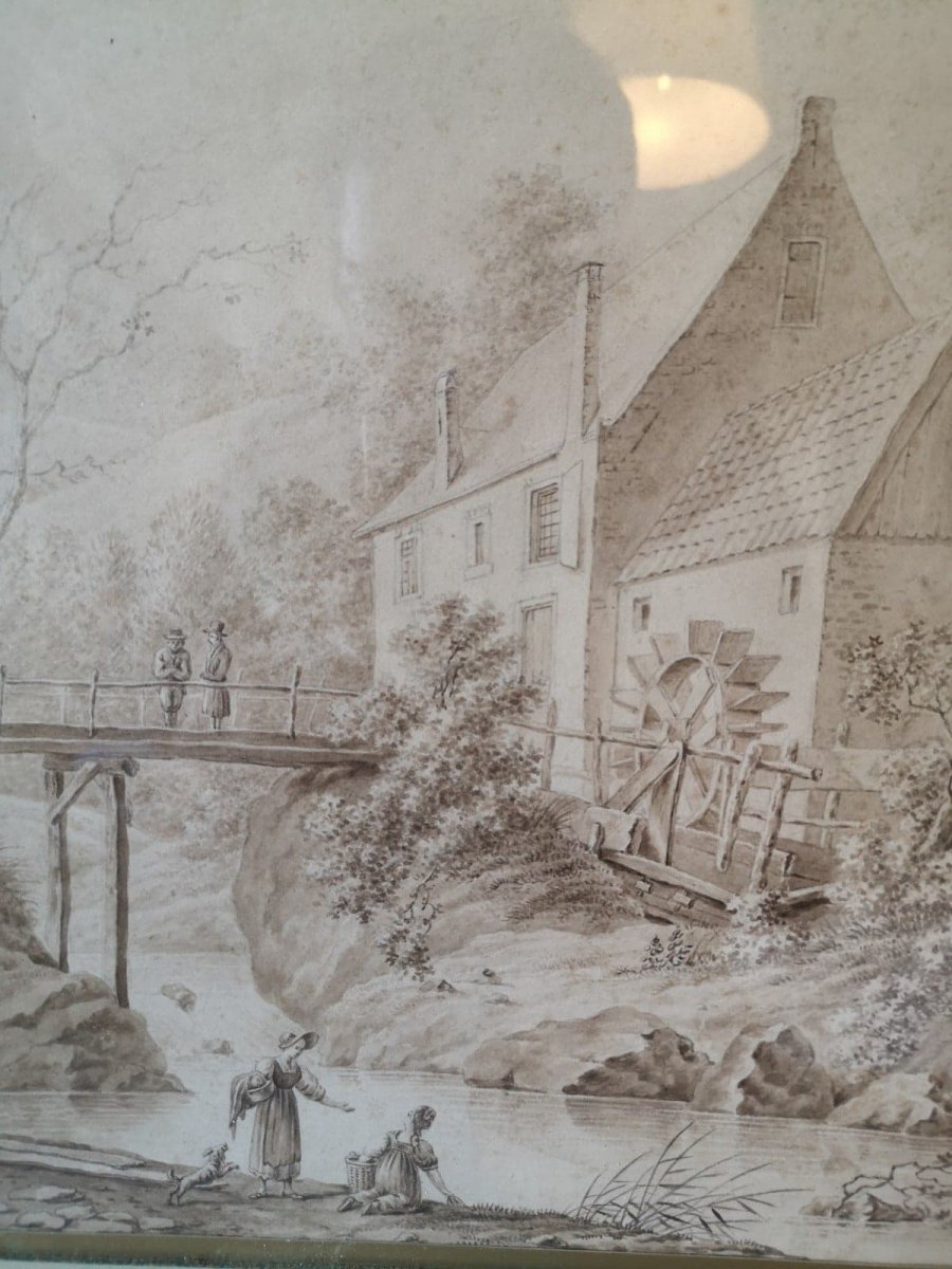 Drawing- Landscape At The Mill - Lavis And Brown Ink- XIX E S.-photo-2