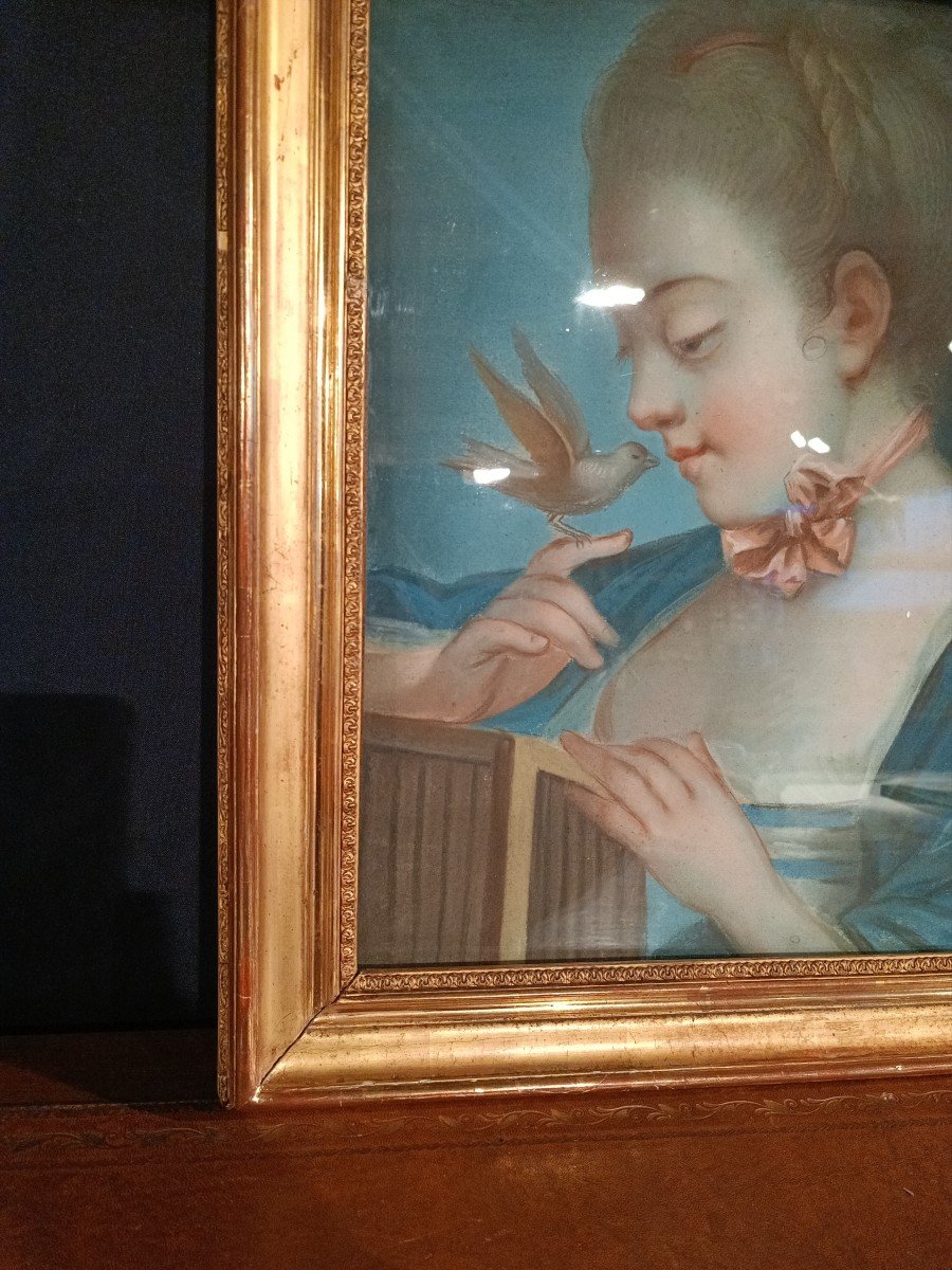 Pastel - Young Woman Holding A Bird - French School - XVIIIth C.-photo-2