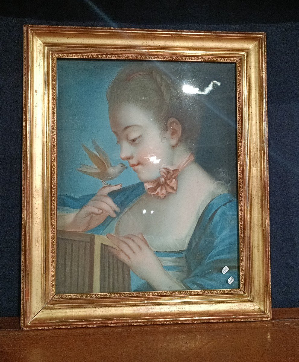 Pastel - Young Woman Holding A Bird - French School - XVIIIth C.
