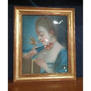 Pastel - Young Woman Holding A Bird - French School - XVIIIth C.