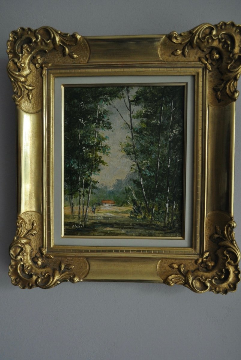 Pierre Stefani Huile Sur Toile Paysage La Clairière Daté 89 Tableau beau cadre en bois doré