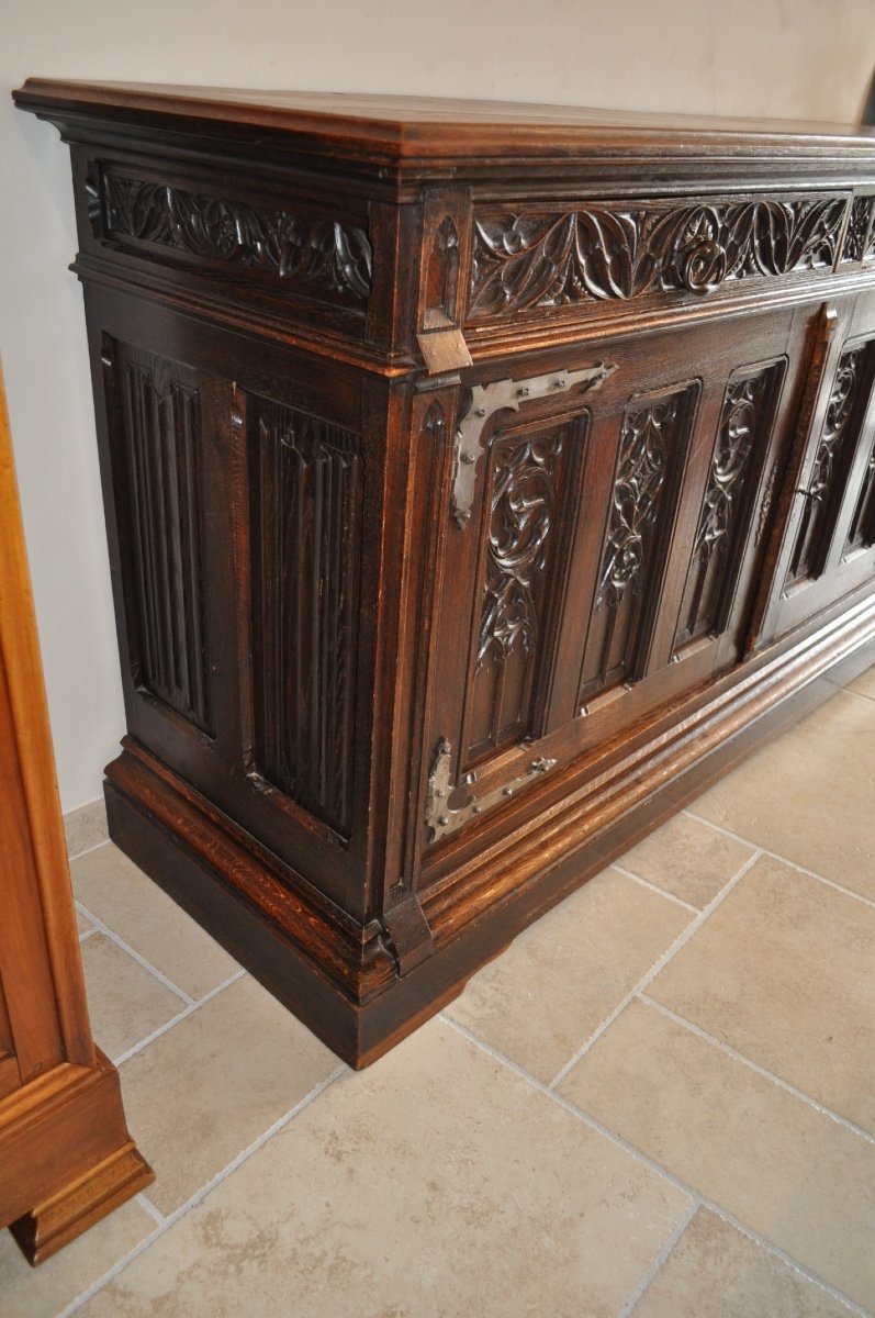 Large Old Buffet In Solid Oak In Gothic Renaissance Style, 19th Century Sideboard-photo-2