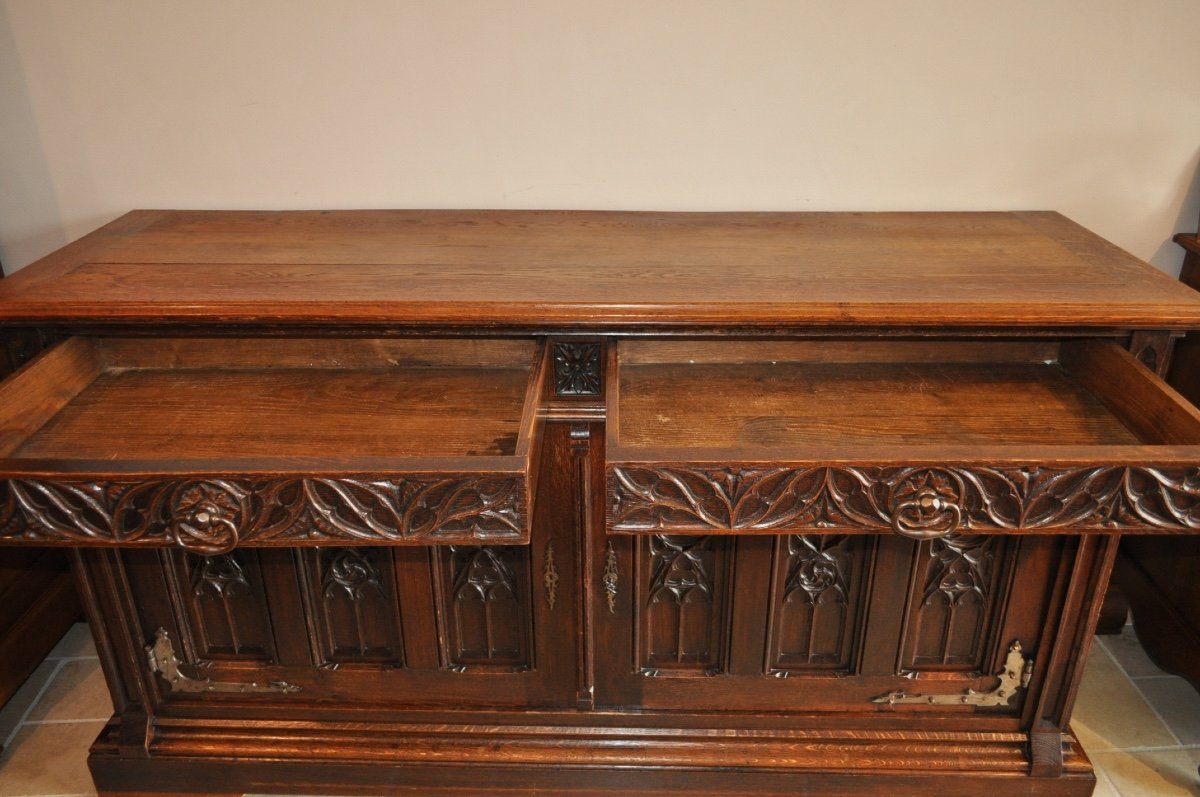 Large Old Buffet In Solid Oak In Gothic Renaissance Style, 19th Century Sideboard-photo-2