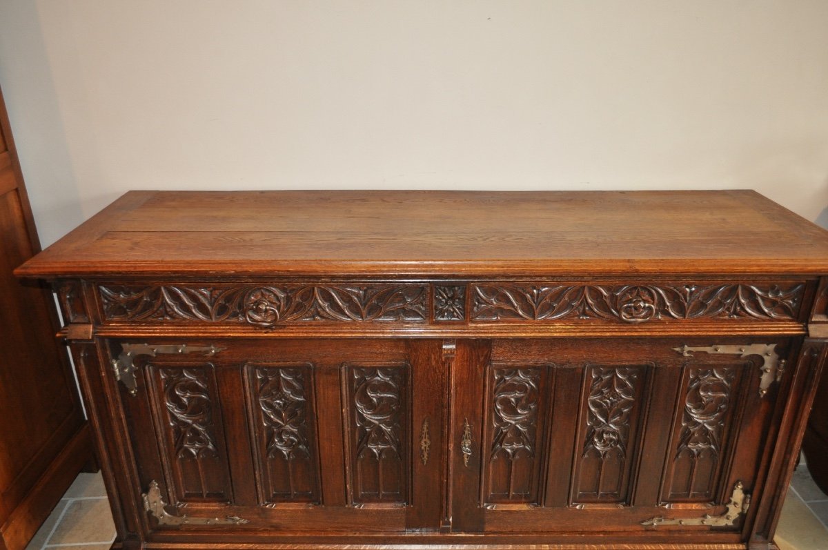 Large Old Buffet In Solid Oak In Gothic Renaissance Style, 19th Century Sideboard-photo-5