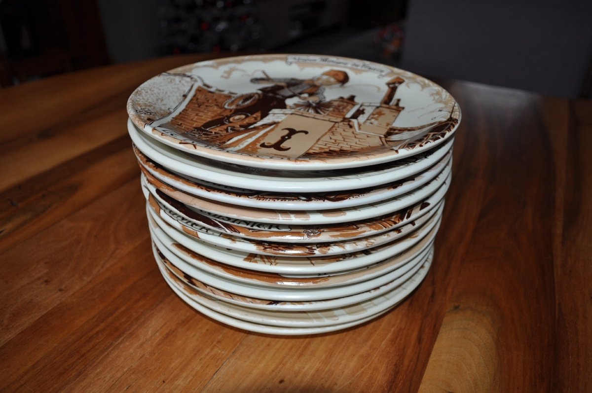 Series Of 12 Large Porcelain Plates Old Trades Of France Le Meunier Charron Etc Stoneware-photo-2