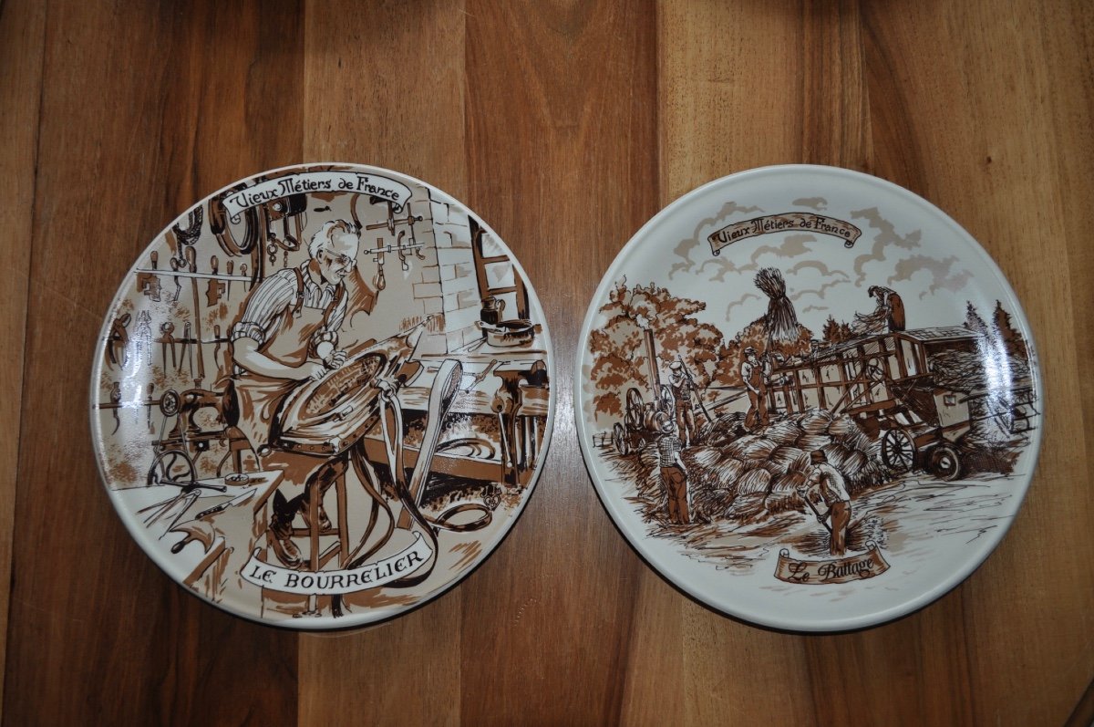 Series Of 12 Large Porcelain Plates Old Trades Of France Le Meunier Charron Etc Stoneware-photo-2