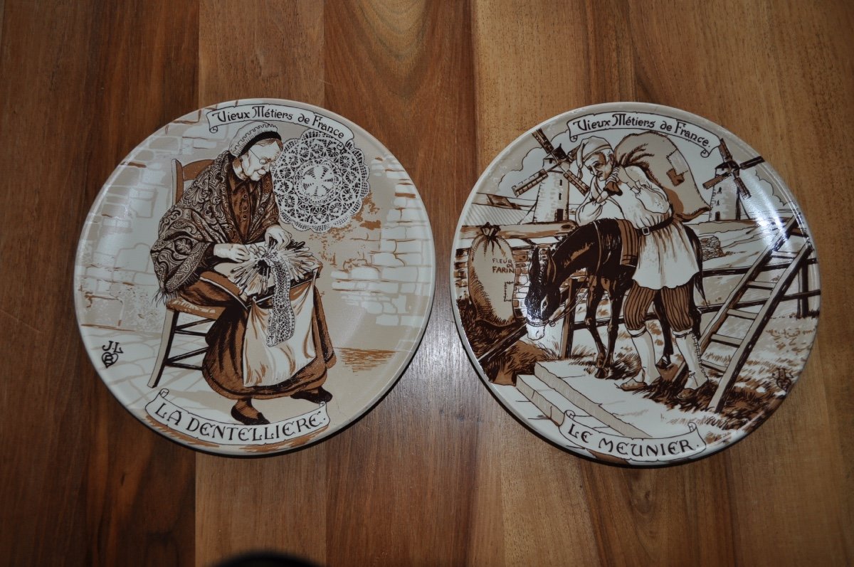 Series Of 12 Large Porcelain Plates Old Trades Of France Le Meunier Charron Etc Stoneware-photo-3