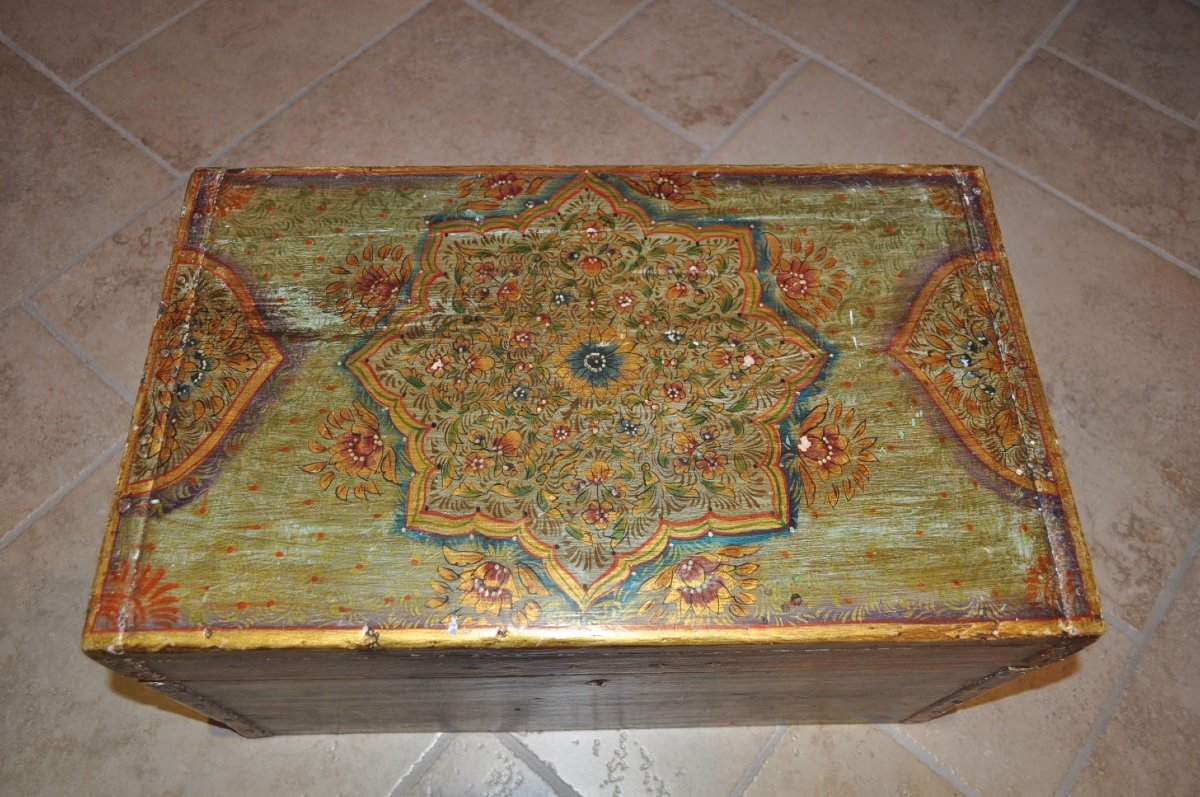 Oriental Public Writer's Chest Or Box In Painted Wood Late 19th Century Turkey Anatolia-photo-1