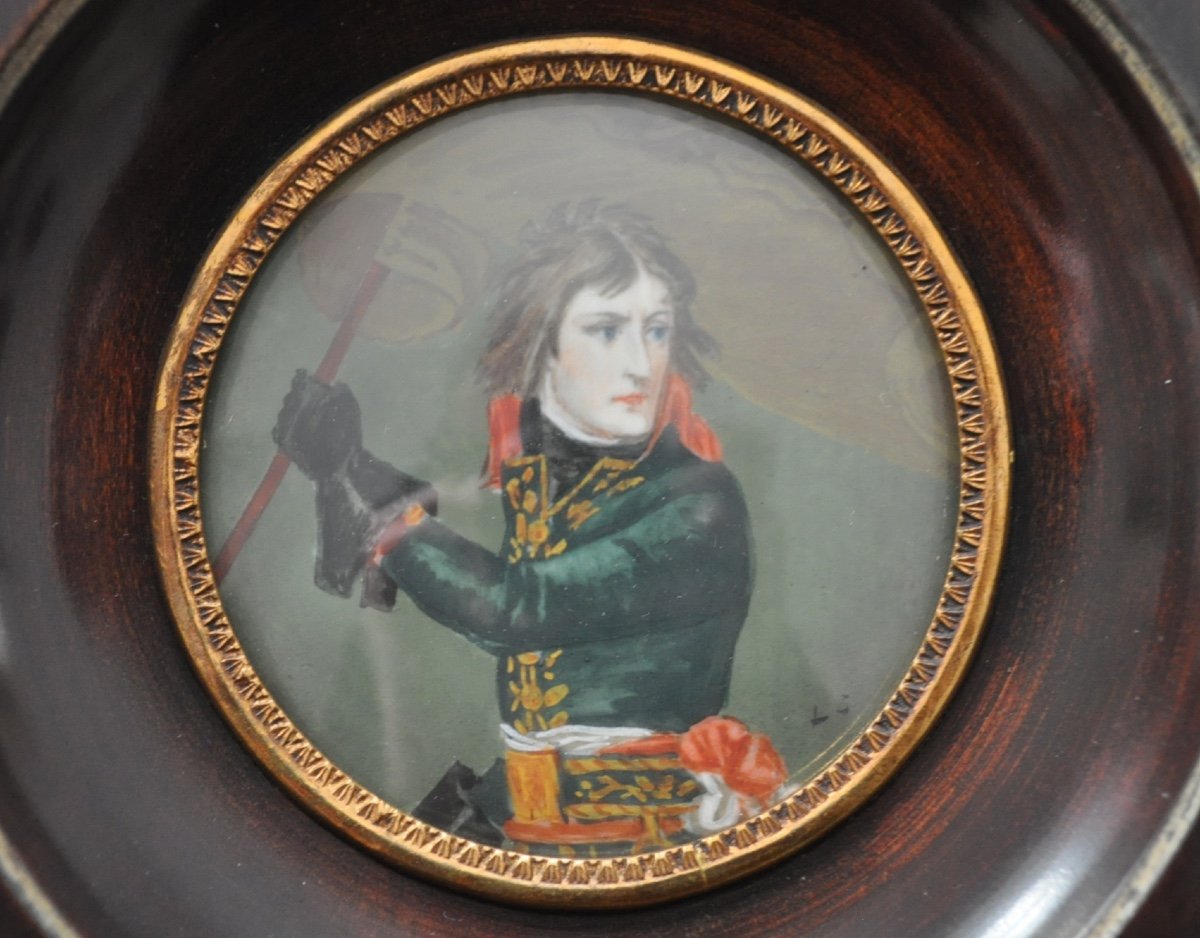 Bonaparte At Pont d'Arcole Framed Miniature Painting Portrait Of Napoleon Monogram "ls"