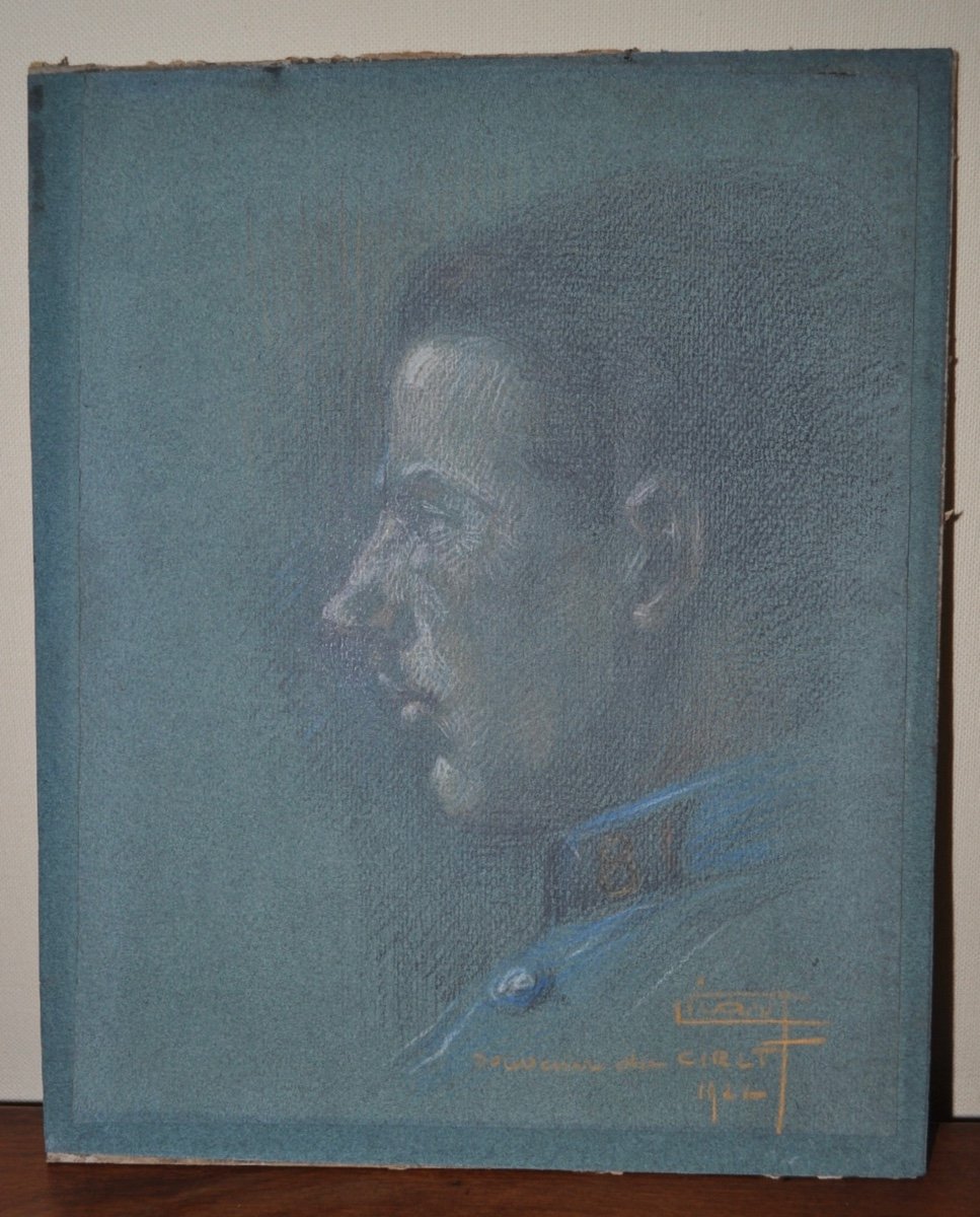 Pastel Or Pencil Drawing Portrait Of Military Dated 1922 Souvenir Du Cirlt