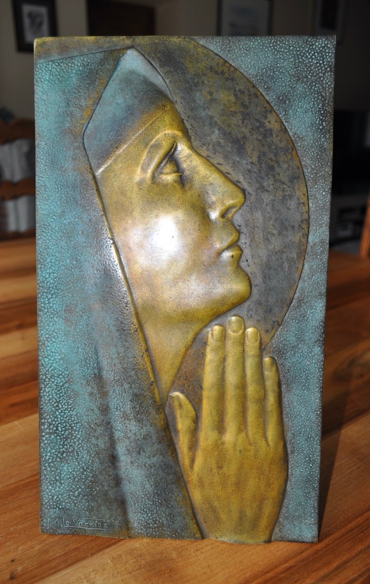 Large Patinated Bronze Plaque Signed Max Le Verrier Sainte Odile Or The Virgin Mary? Sculpture