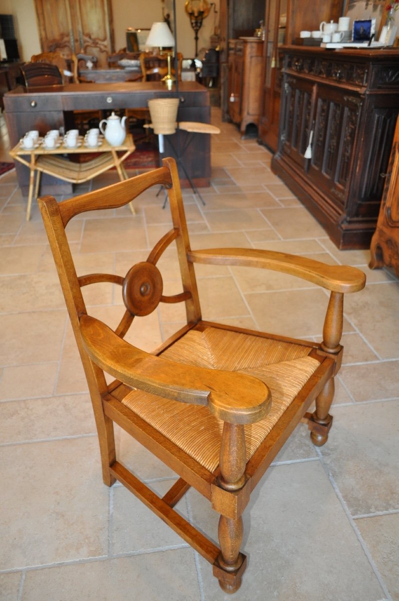 Rare Straw Armchair From The 50s In Solid Wood