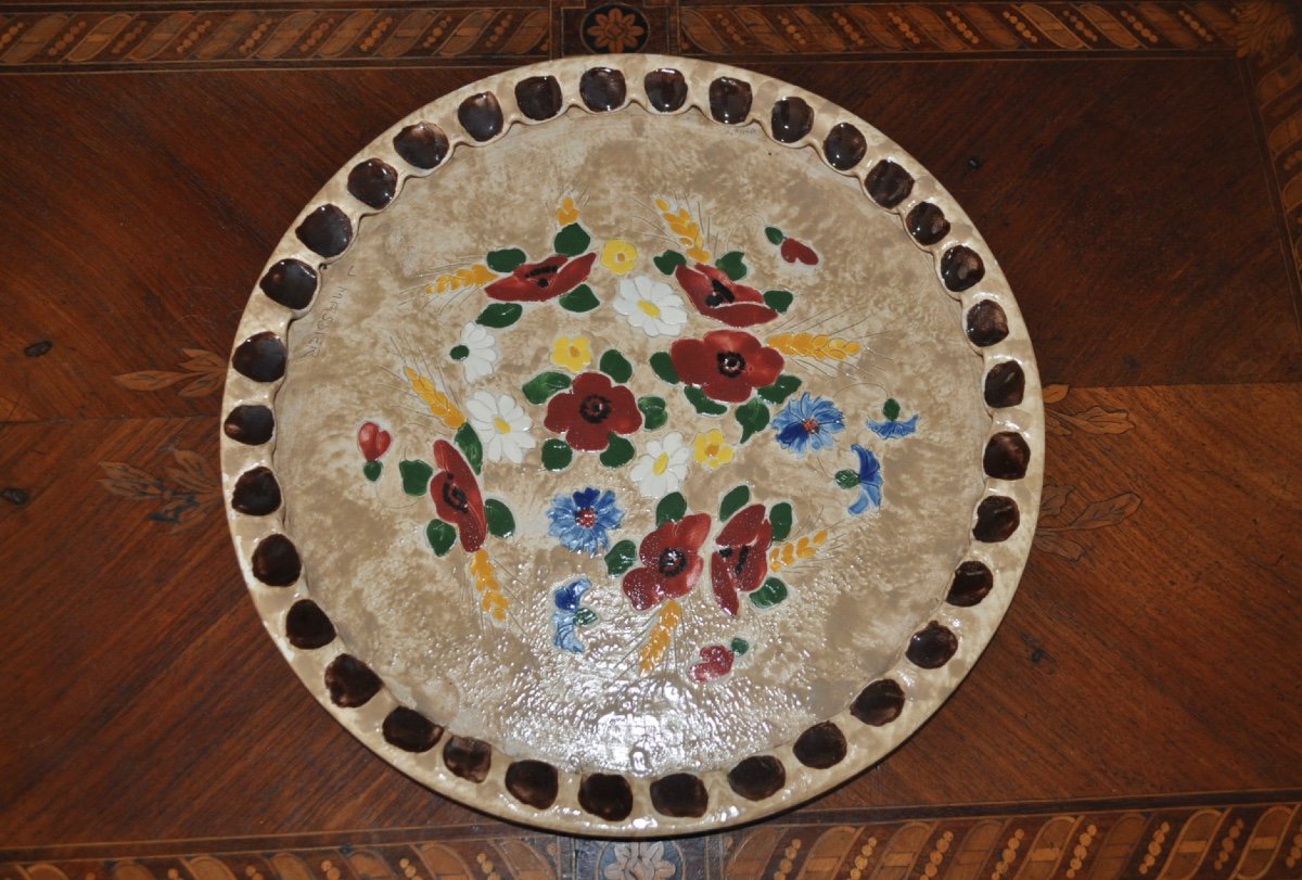 Large Colored Enameled Ceramic Dish Signed J.massier (jérome) Vallauris 20th Century