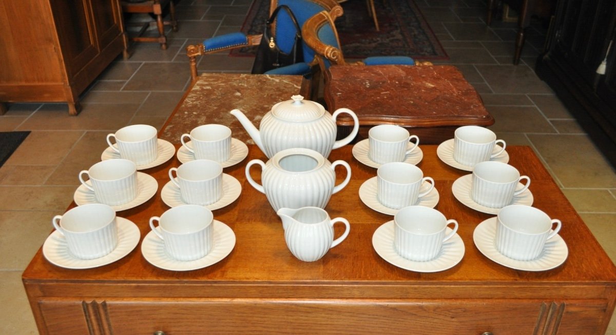 Service à Café Ou Thé En Porcelaine Blanche De Limoges A.lanternier 12 Tasses Cafetière Sucrier