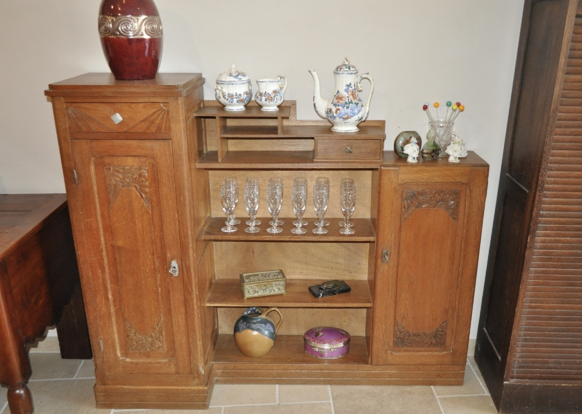 Petit Buffet d'Entrée Ou Desserte Console En Chêne Doré d'époque Art Déco Meuble Ancien 1930