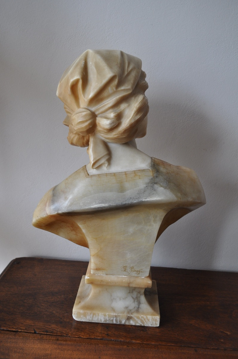 Sculpture Ancienne En Albâtre Buste De jeune Femme Signé Giovanni Broggi-photo-3