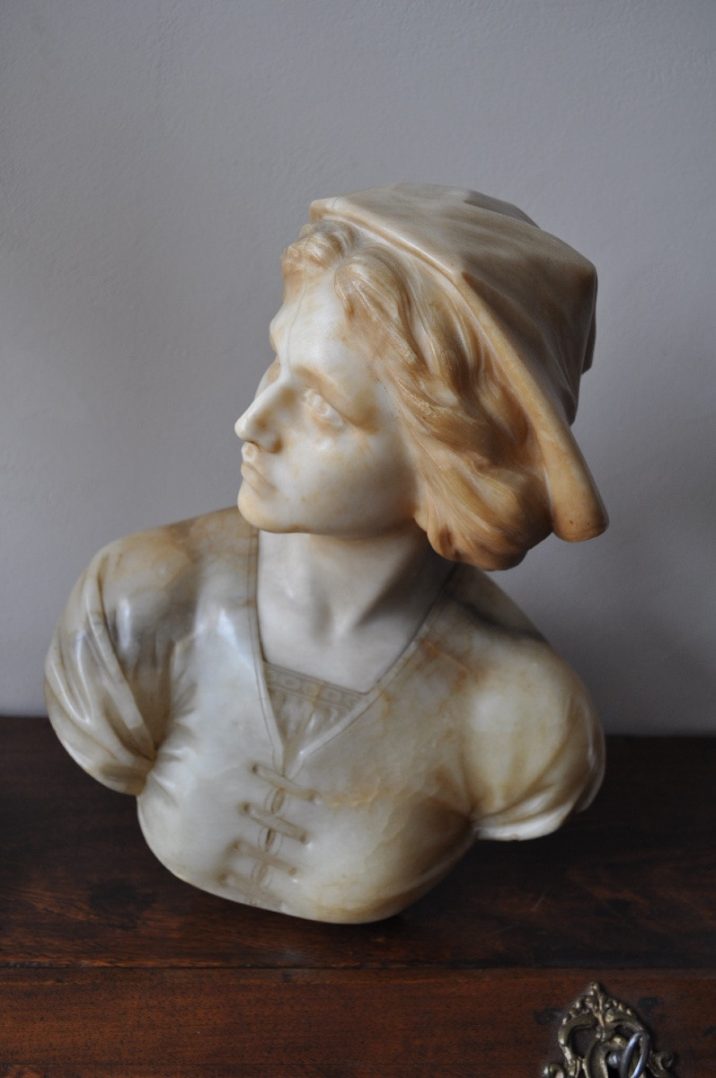 Sculpture Ancienne En Albâtre Buste De jeune Femme Signé Giovanni Broggi-photo-1