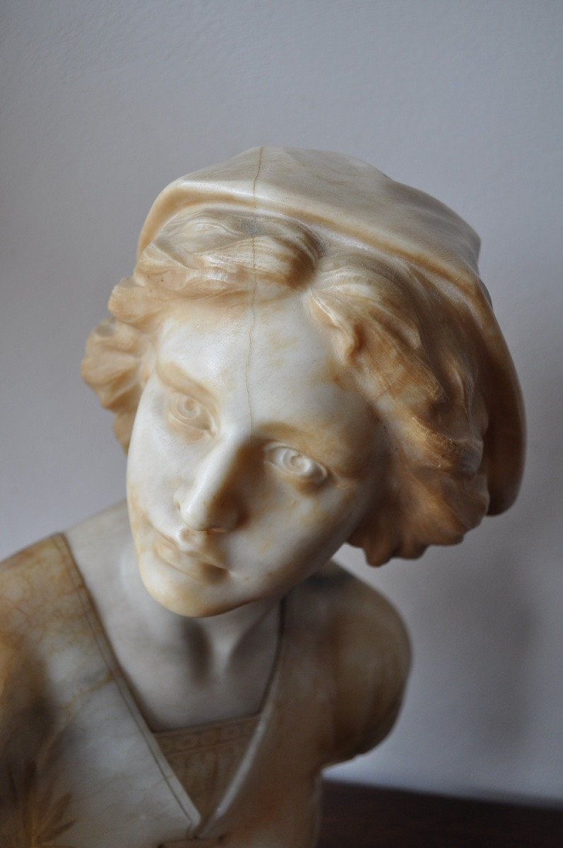 Sculpture Ancienne En Albâtre Buste De jeune Femme Signé Giovanni Broggi-photo-2