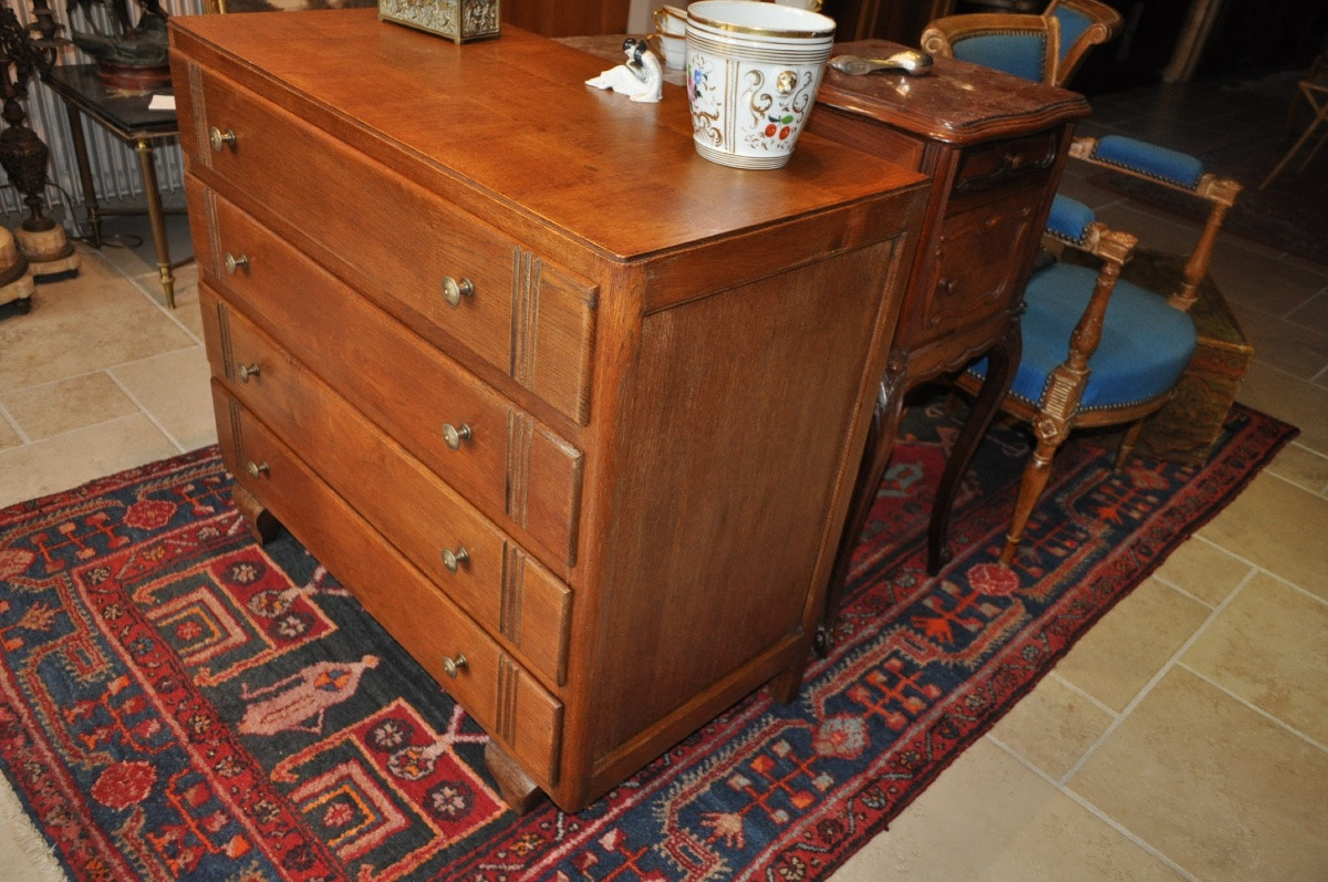 Small Art Deco Oak Chest Of Drawers From The 1930s - 1950s Checkered Top 4 Drawers-photo-1