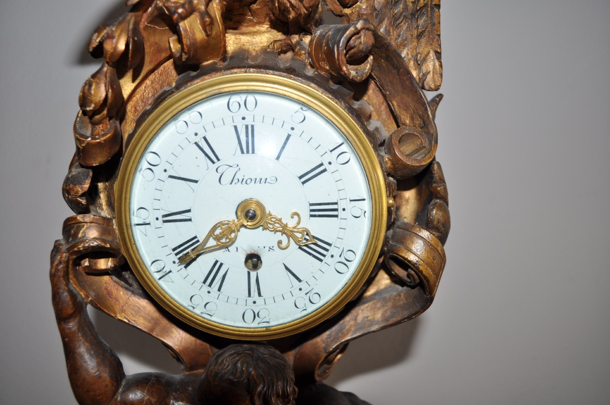 Antique Carved And Gilded Wooden Clock From The 18th Century Thiout In Paris Atlas Carrying The Earth-photo-2