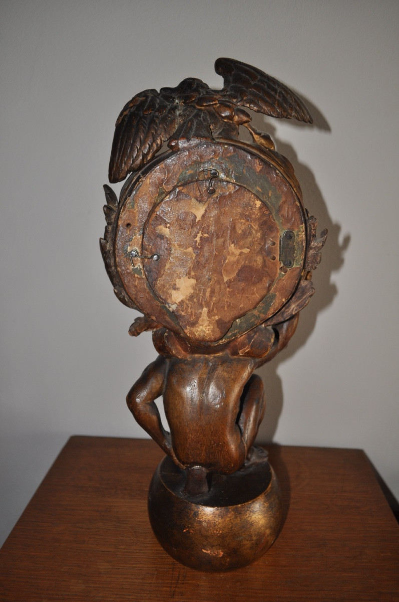 Antique Carved And Gilded Wooden Clock From The 18th Century Thiout In Paris Atlas Carrying The Earth-photo-2