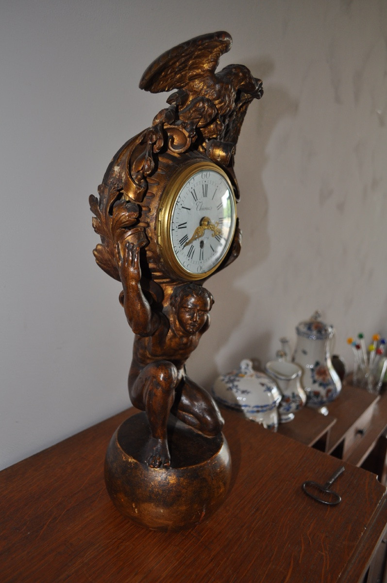 Antique Carved And Gilded Wooden Clock From The 18th Century Thiout In Paris Atlas Carrying The Earth-photo-4