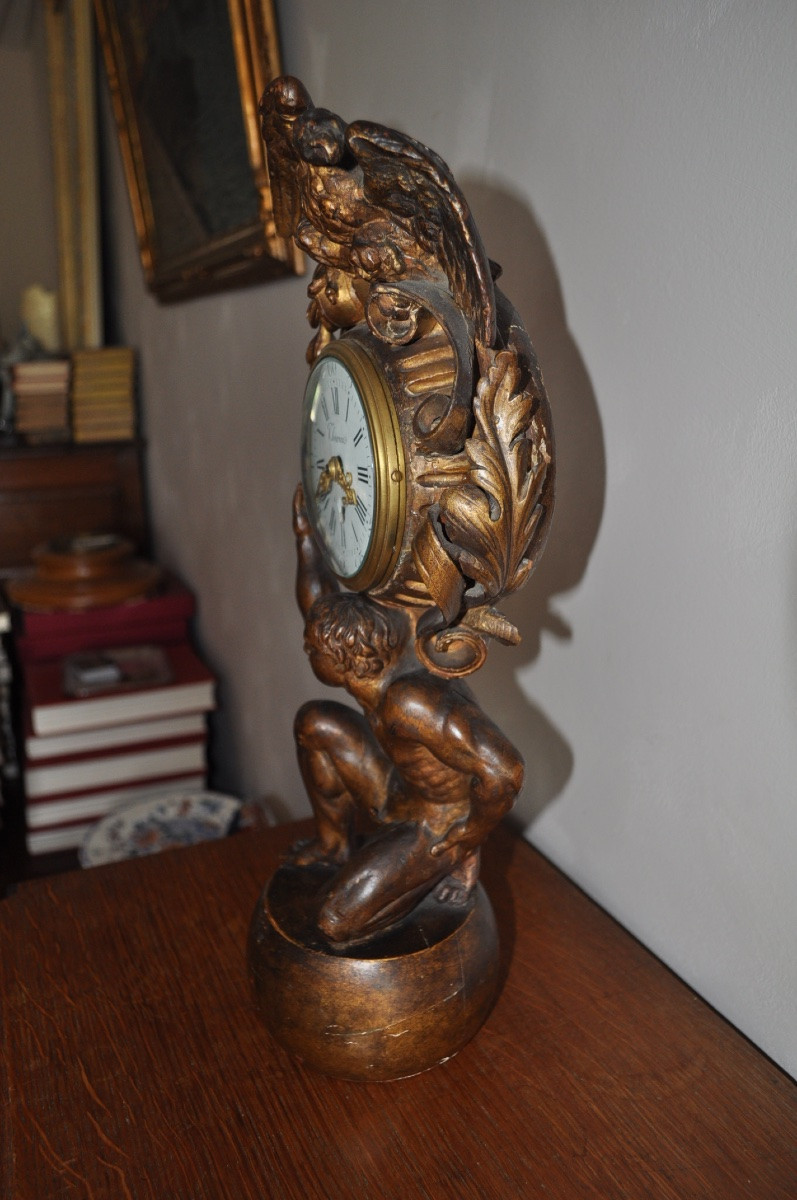 Antique Carved And Gilded Wooden Clock From The 18th Century Thiout In Paris Atlas Carrying The Earth-photo-5
