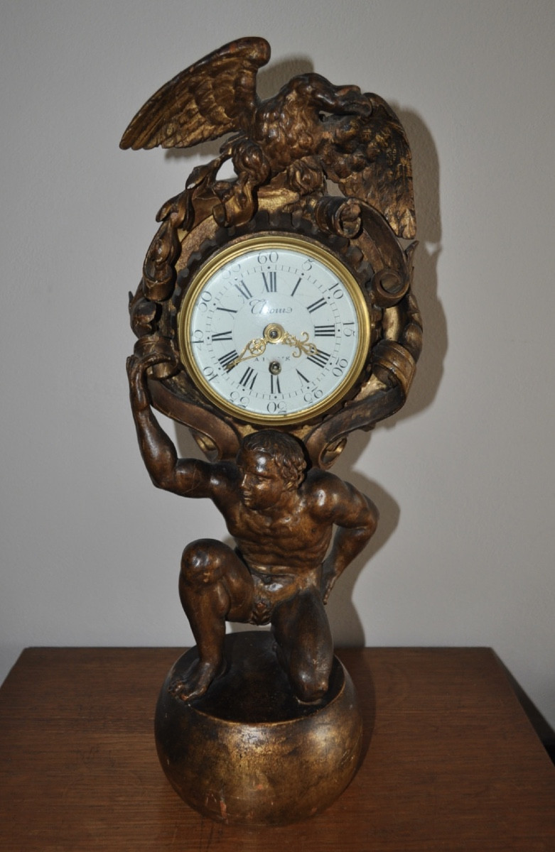 Antique Carved And Gilded Wooden Clock From The 18th Century Thiout In Paris Atlas Carrying The Earth