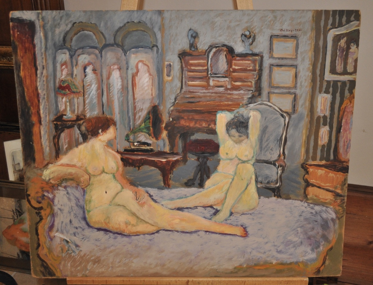Antique Painting By Ramon Dilley Oil On Panel Nude Women 20th Century