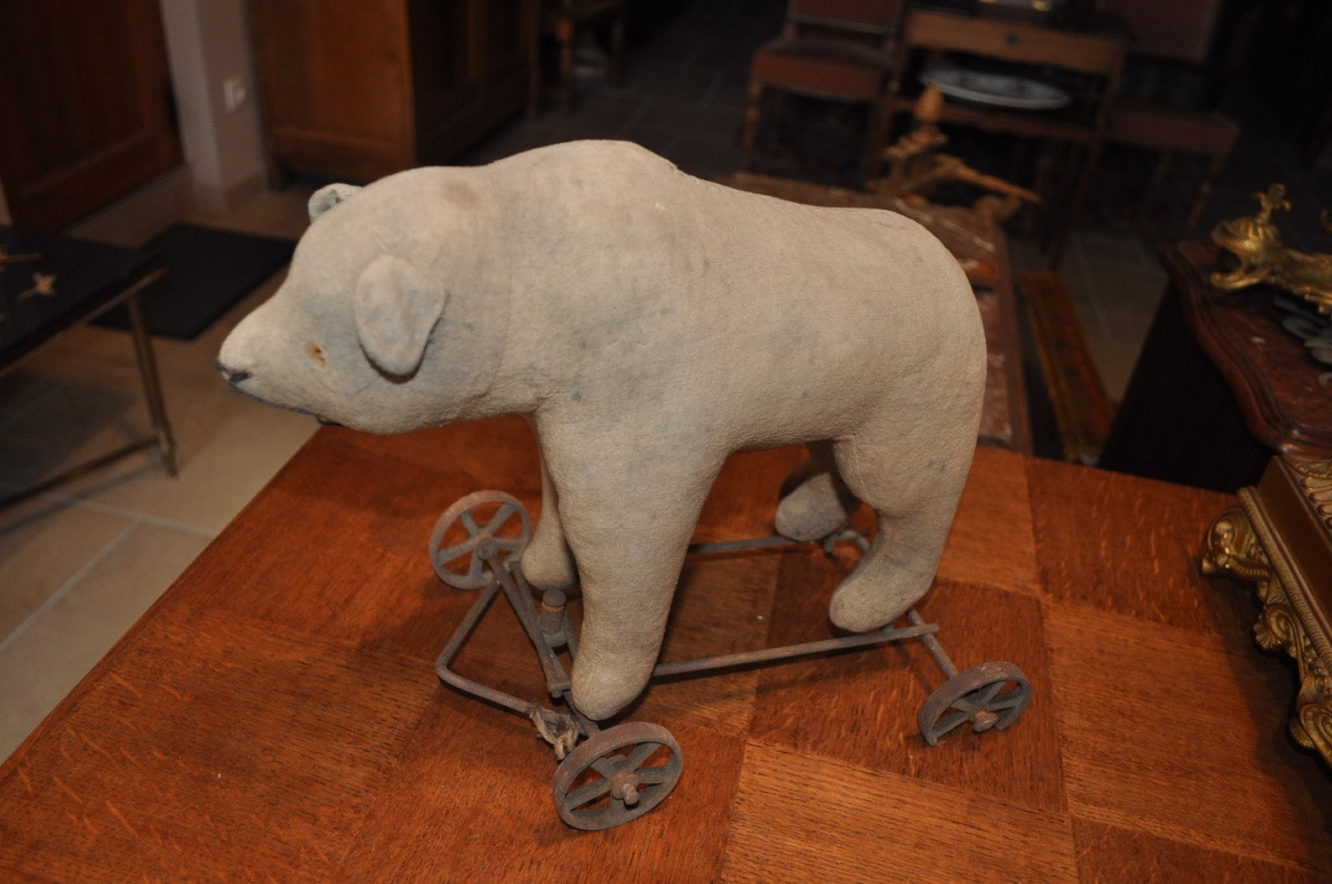 Antique Pull-along Teddy Bear On 4 Wheels, Late 19th Century Articulated Toy, Steiff Brand?-photo-3
