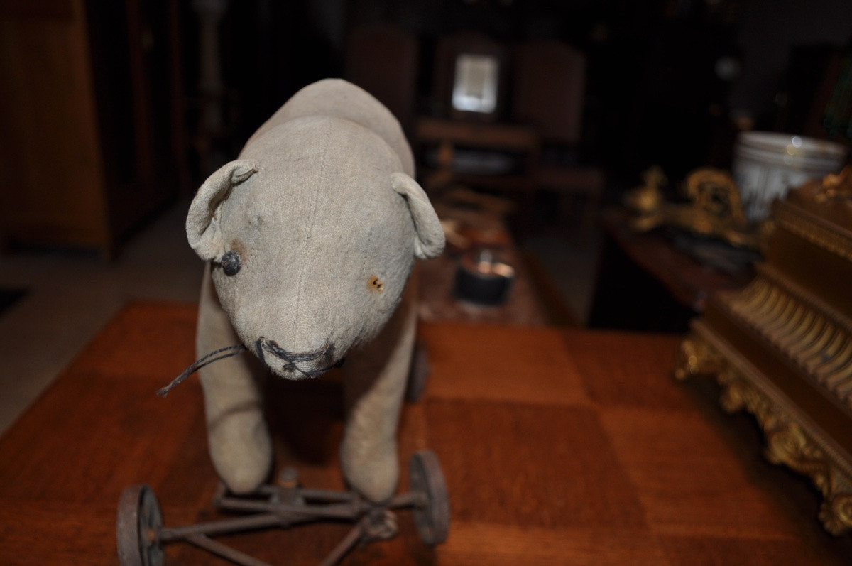 Antique Pull-along Teddy Bear On 4 Wheels, Late 19th Century Articulated Toy, Steiff Brand?-photo-4