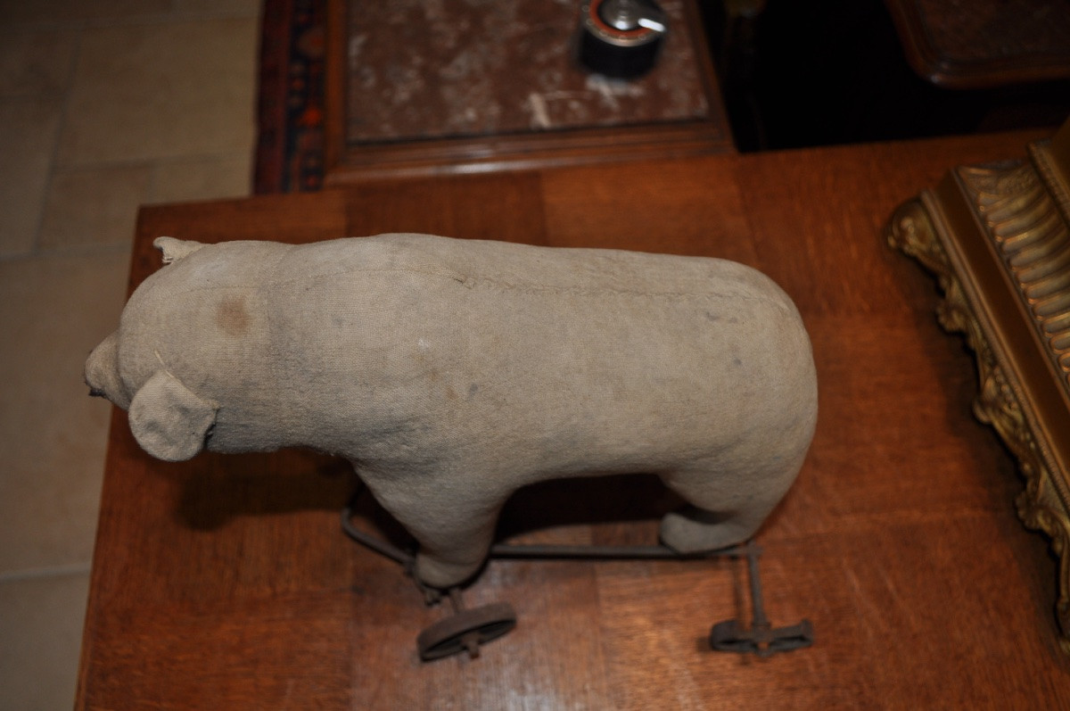 Antique Pull-along Teddy Bear On 4 Wheels, Late 19th Century Articulated Toy, Steiff Brand?-photo-2